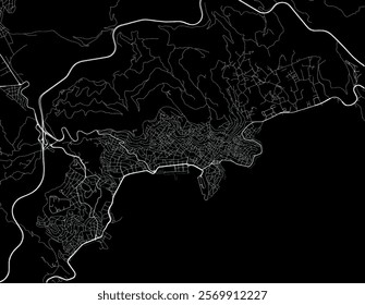 Vector city map of Kavala in Greece with white roads isolated on a black background.