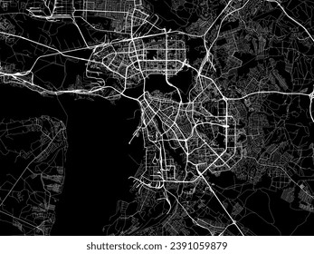 Vector city map of Kazan in the Russian Federation with white roads isolated on a black background.