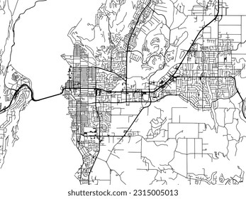 Mapa de la ciudad vectorial de Kelowna Columbia Británica en Canadá con carreteras negras aisladas en un fondo blanco.