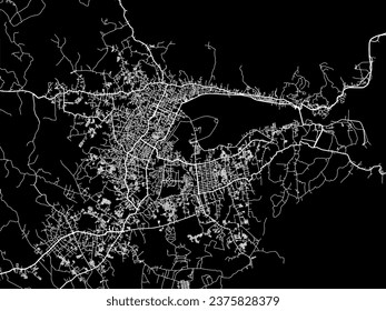 Vector city map of Kendari in Indonesia with white roads isolated on a black background.