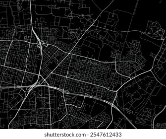 Mapa vetorial de Kfar Saba em Israel com estradas brancas isoladas sobre um fundo preto.