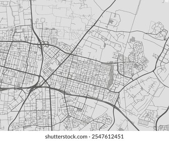 Mapa vetorial de Kfar Saba em Israel com estradas pretas isoladas sobre um fundo cinza.