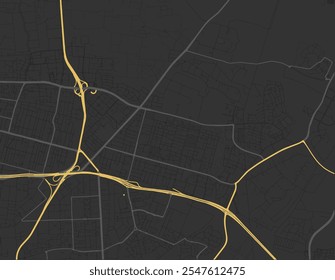 Mapa vetorial de Kfar Saba em Israel com estradas amarelas isoladas sobre um fundo marrom.