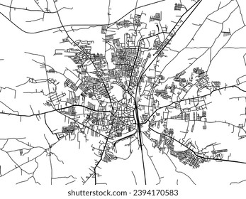 Mapa vectorial de la ciudad de Khandwa en la República de India con carreteras negras aisladas en un fondo blanco.