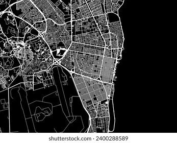 Mapa de la ciudad vectorial de Khobar en Brasil con caminos blancos aislados en un fondo negro.