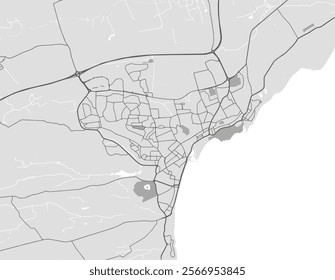 Vector city map of Kirkcaldy in the United Kingdom with black roads isolated on a grey background.