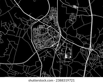 Mapa vectorial de la ciudad de Kiryat Gat en Israel con caminos blancos aislados en un fondo negro.