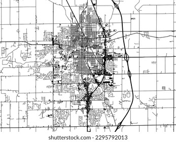 Mapa de la ciudad vectorial de Kokomo Indiana en los Estados Unidos de América con carreteras negras aisladas en un fondo blanco.