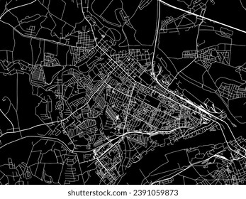 Mapa de la ciudad vectorial de Kolomna en la Federación Rusa con carreteras blancas aisladas en un fondo negro.