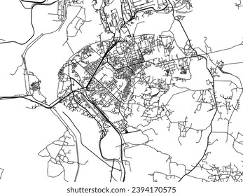 Vector city map of Korba in the Republic of India with black roads isolated on a white background.