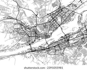 Mapa vectorial de la ciudad de Krasnoyarsk en la Federación Rusa con carreteras negras aisladas en un fondo blanco.