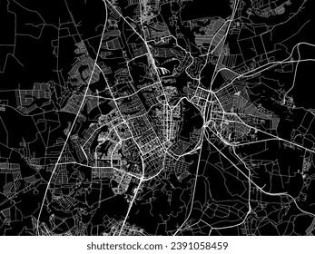 Mapa vectorial de Kursk en la Federación Rusa con caminos blancos aislados en un fondo negro.