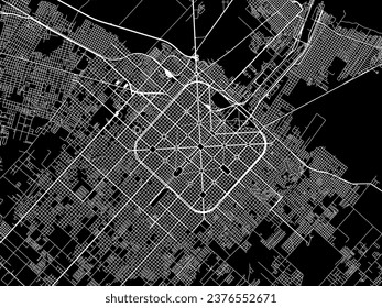 Stadtplan von La Plata in Argentinien mit weißen Straßen einzeln auf schwarzem Hintergrund.