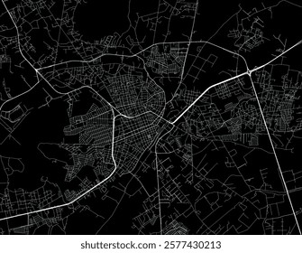 Vector city map of Lagos de Moreno in Mexico with white roads isolated on a black background.