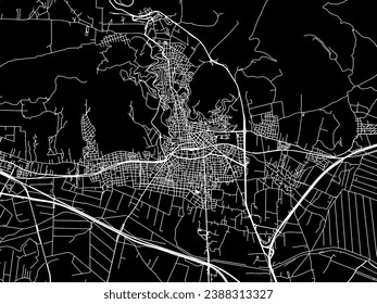 Vector city map of Lamia in Greece with white roads isolated on a black background.