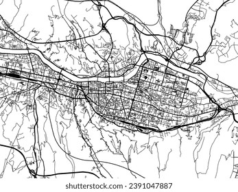 Mapa de la ciudad vector de Lanzhou en la República Popular China (RPC) con carreteras negras aisladas en un fondo blanco.