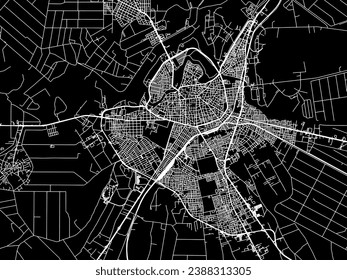 Vector city map of Larisa in Greece with white roads isolated on a black background.