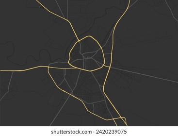 Vector city map of Larisa in Greece with yellow roads isolated on a brown background.