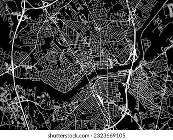 Mapa de la ciudad vectorial de Lawrence Massachusetts en los Estados Unidos de América con caminos blancos aislados en un fondo negro.