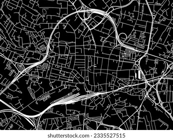 Mapa de la ciudad vectorial del Centro Leeds en el Reino Unido con carreteras blancas aisladas en un fondo negro.