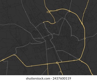 Vector city map of Leon in Spain with yellow roads isolated on a brown background.