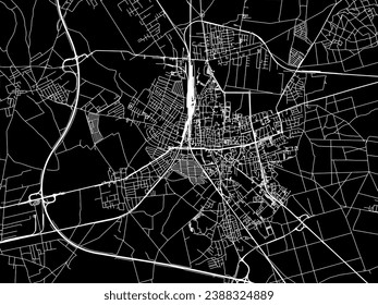Mapa vectorial de Leszno en Polonia con caminos blancos aislados en un fondo negro.