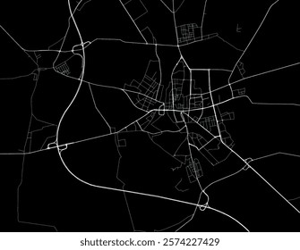 Vector city map of Leszno in Poland with white roads isolated on a black background.