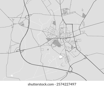 Vector city map of Leszno in Poland with black roads isolated on a grey background.