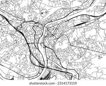 Mapa vectorial de Lieja en Bélgica con carreteras negras aisladas en un fondo blanco.