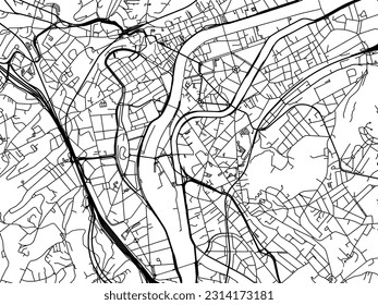 Mapa vectorial de la ciudad de Lieja en Bélgica con carreteras negras aisladas en un fondo blanco.