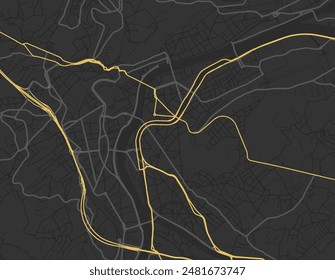 Vektorgrafik Stadtplan von Lüttich Zentrum in Belgien mit gelben Straßen isoliert auf einem braunen Hintergrund.