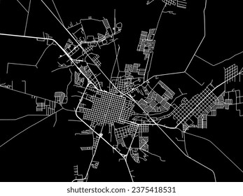 Mapa vectorial de Linares en México con caminos blancos aislados en un fondo negro.
