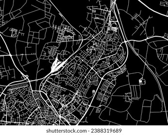 Mapa vectorial de la ciudad de Lod en Israel con caminos blancos aislados en un fondo negro.