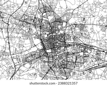 Mapa vectorial de Lodz en Polonia con carreteras negras aisladas en un fondo blanco.