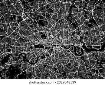 Vector city map of London in the United Kingdom with white roads isolated on a black background.