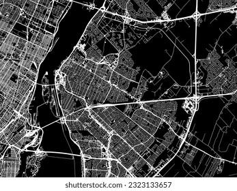Mapa de la ciudad vectorial de Lonqueuil Quebec en Canadá con caminos blancos aislados en un fondo negro.