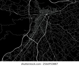 Vector city map of Lorca in Spain with white roads isolated on a black background.