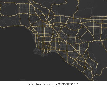 Vector city map of Los Angeles California in the United States of America with yellow roads isolated on a brown background.