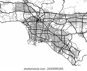 Mapa vectorial de la ciudad de Los Ángeles California en los Estados Unidos de América con carreteras negras aisladas sobre un fondo blanco.