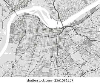 Vector city map of Louisville Center Kentucky in the United States of America with black roads isolated on a grey background.