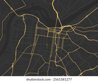 Vector city map of Louisville Center Kentucky in the United States of America with yellow roads isolated on a brown background.