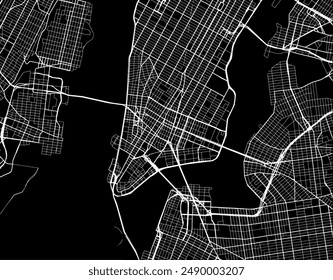 Mapa de la ciudad de Vector de la Nueva York del Bajo Manhattan en los Estados Unidos de América con las carreteras blancas aisladas sobre un fondo negro.