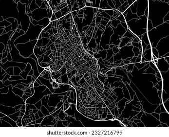 Mapa vectorial de Lugo en España con carreteras blancas aisladas en un fondo negro.