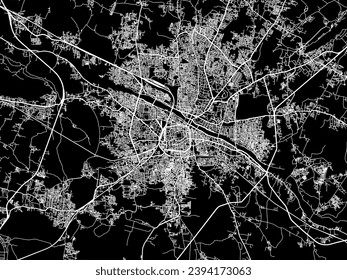 Mapa vectorial de la ciudad de Madurai en la República de India con caminos blancos aislados en un fondo negro.