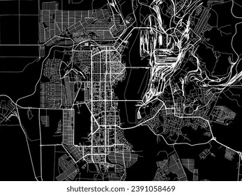 Vector city map of Magnitogorsk in the Russian Federation with white roads isolated on a black background.