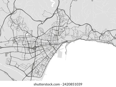 Vector city map of Malaga in Spain with black roads isolated on a grey background.