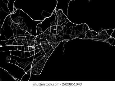 Vector city map of Malaga in Spain with white roads isolated on a black background.