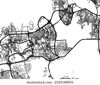 Vector city map of Manama in Bahrain with black roads isolated on a white background.
