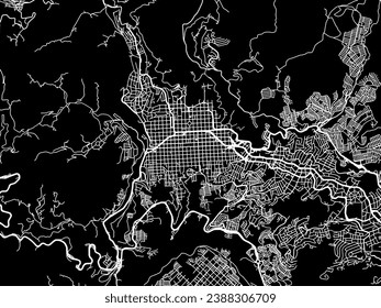 Vector city map of Manizales in Colombia with white roads isolated on a black background.