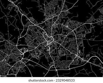 Mapa de la ciudad vectorial de Mansfield en el Reino Unido con carreteras blancas aisladas en un fondo negro.